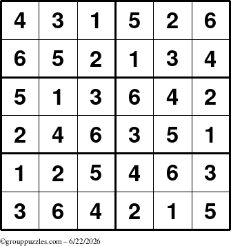 The grouppuzzles.com Answer grid for the Sudoku-Junior puzzle for Monday June 22, 2026