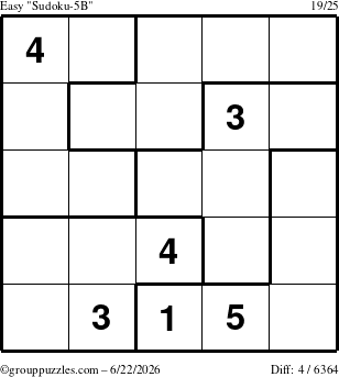 The grouppuzzles.com Easy Sudoku-5B puzzle for Monday June 22, 2026
