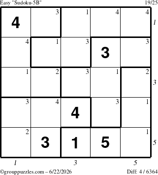 The grouppuzzles.com Easy Sudoku-5B puzzle for Monday June 22, 2026, suitable for printing, with all 4 steps marked