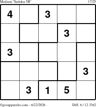 The grouppuzzles.com Medium Sudoku-5B puzzle for Monday June 22, 2026