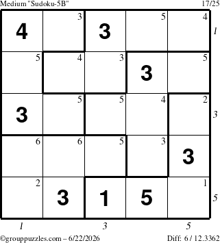 The grouppuzzles.com Medium Sudoku-5B puzzle for Monday June 22, 2026 with all 6 steps marked