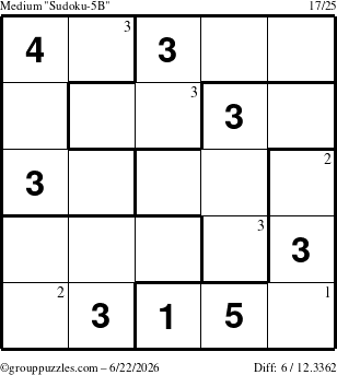 The grouppuzzles.com Medium Sudoku-5B puzzle for Monday June 22, 2026 with the first 3 steps marked