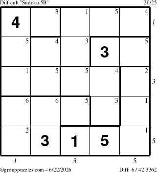 The grouppuzzles.com Difficult Sudoku-5B puzzle for Monday June 22, 2026, suitable for printing, with all 6 steps marked