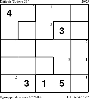 The grouppuzzles.com Difficult Sudoku-5B puzzle for Monday June 22, 2026 with the first 3 steps marked