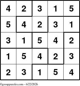 The grouppuzzles.com Answer grid for the Sudoku-5B puzzle for Monday June 22, 2026