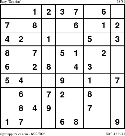 The grouppuzzles.com Easy Sudoku puzzle for Monday June 22, 2026