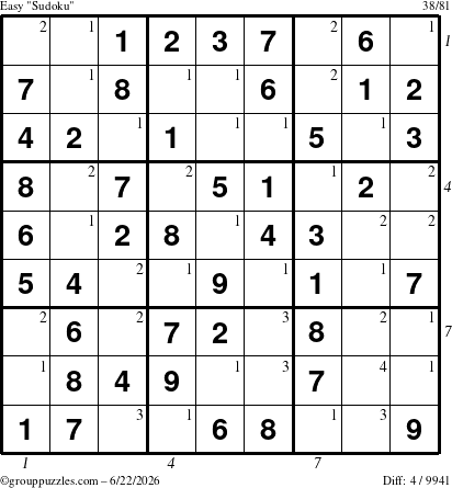 The grouppuzzles.com Easy Sudoku puzzle for Monday June 22, 2026, suitable for printing, with all 4 steps marked