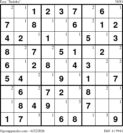 The grouppuzzles.com Easy Sudoku puzzle for Monday June 22, 2026 with the first 3 steps marked