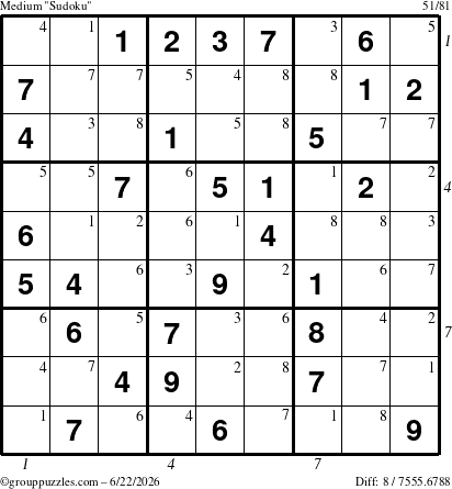 The grouppuzzles.com Medium Sudoku puzzle for Monday June 22, 2026 with all 8 steps marked