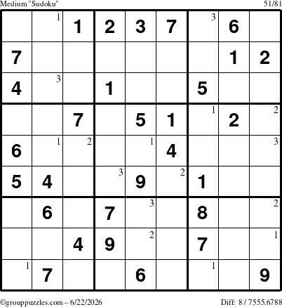 The grouppuzzles.com Medium Sudoku puzzle for Monday June 22, 2026 with the first 3 steps marked