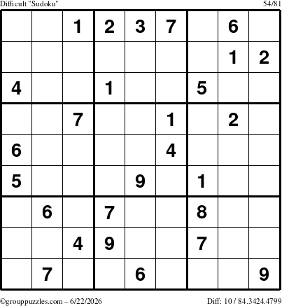 The grouppuzzles.com Difficult Sudoku puzzle for Monday June 22, 2026