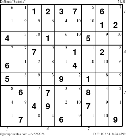 The grouppuzzles.com Difficult Sudoku puzzle for Monday June 22, 2026, suitable for printing, with all 10 steps marked