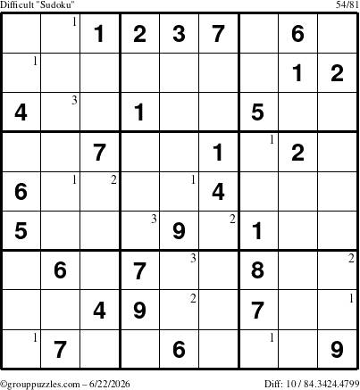 The grouppuzzles.com Difficult Sudoku puzzle for Monday June 22, 2026 with the first 3 steps marked