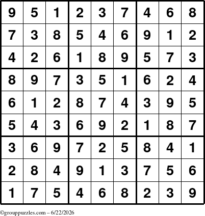The grouppuzzles.com Answer grid for the Sudoku puzzle for Monday June 22, 2026