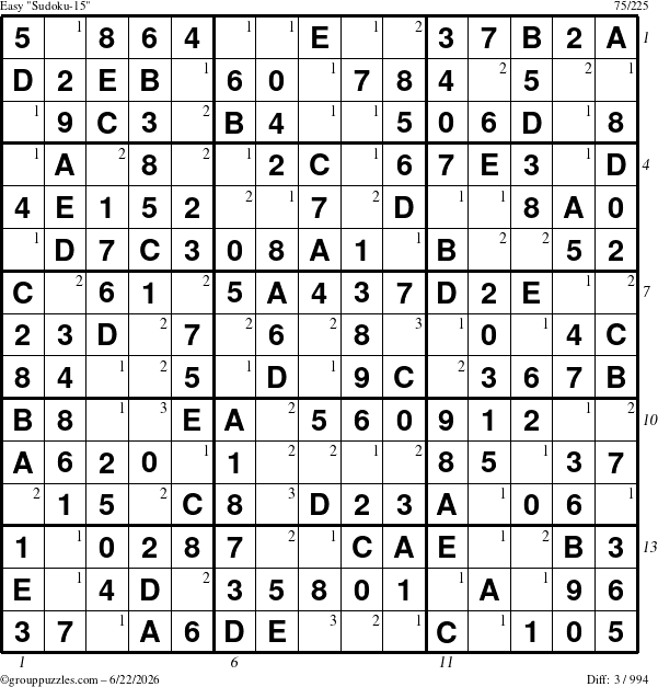 The grouppuzzles.com Easy Sudoku-15 puzzle for Monday June 22, 2026 with all 3 steps marked