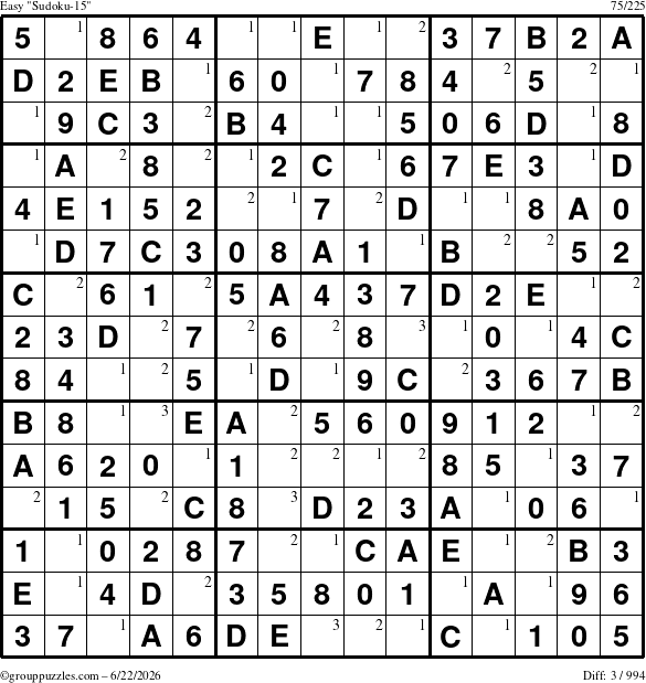 The grouppuzzles.com Easy Sudoku-15 puzzle for Monday June 22, 2026 with the first 3 steps marked