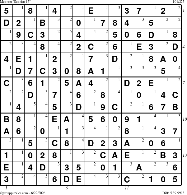 The grouppuzzles.com Medium Sudoku-15 puzzle for Monday June 22, 2026 with all 5 steps marked
