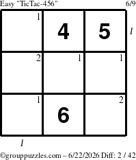 The grouppuzzles.com Easy TicTac-456 puzzle for Monday June 22, 2026, suitable for printing, with all 2 steps marked