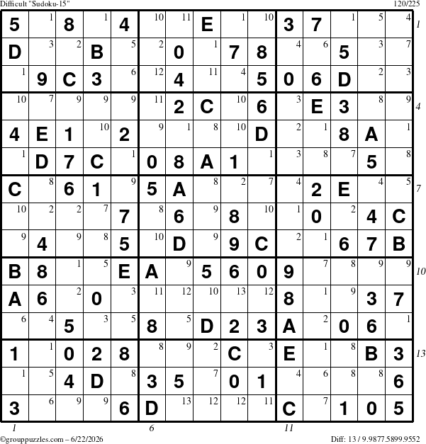 The grouppuzzles.com Difficult Sudoku-15 puzzle for Monday June 22, 2026, suitable for printing, with all 13 steps marked