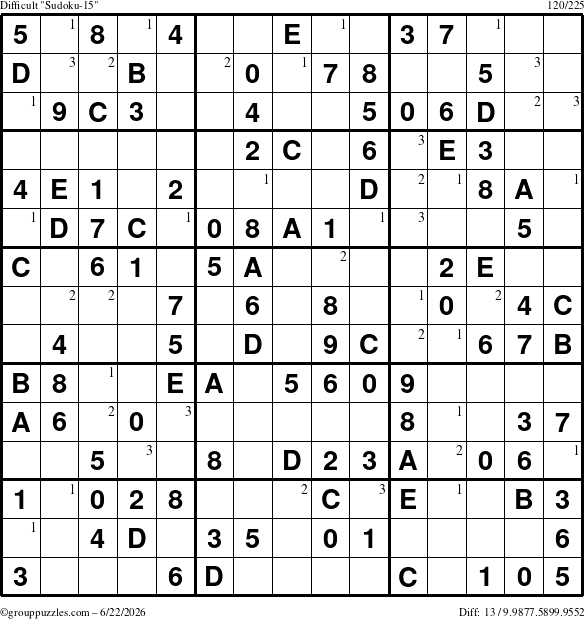 The grouppuzzles.com Difficult Sudoku-15 puzzle for Monday June 22, 2026 with the first 3 steps marked