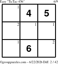 The grouppuzzles.com Easy TicTac-456 puzzle for Monday June 22, 2026 with the first 2 steps marked