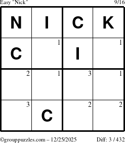 The grouppuzzles.com Easy Nick puzzle for Thursday December 25, 2025 with the first 3 steps marked