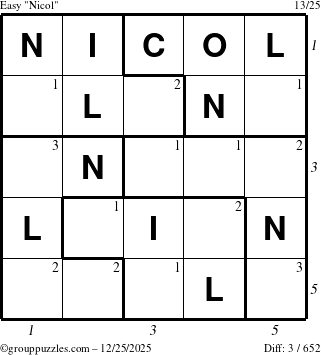 The grouppuzzles.com Easy Nicol puzzle for Thursday December 25, 2025, suitable for printing, with all 3 steps marked