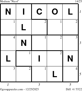 The grouppuzzles.com Medium Nicol puzzle for Thursday December 25, 2025, suitable for printing, with all 4 steps marked