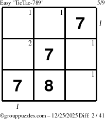 The grouppuzzles.com Easy TicTac-789 puzzle for Thursday December 25, 2025, suitable for printing, with all 2 steps marked