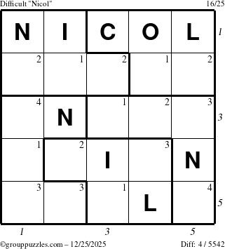 The grouppuzzles.com Difficult Nicol puzzle for Thursday December 25, 2025, suitable for printing, with all 4 steps marked