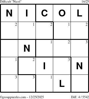 The grouppuzzles.com Difficult Nicol puzzle for Thursday December 25, 2025 with the first 3 steps marked