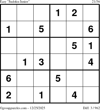 The grouppuzzles.com Easy Sudoku-Junior puzzle for Thursday December 25, 2025
