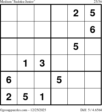 The grouppuzzles.com Medium Sudoku-Junior puzzle for Thursday December 25, 2025