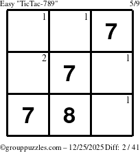 The grouppuzzles.com Easy TicTac-789 puzzle for Thursday December 25, 2025 with the first 2 steps marked