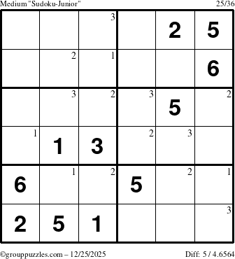 The grouppuzzles.com Medium Sudoku-Junior puzzle for Thursday December 25, 2025 with the first 3 steps marked
