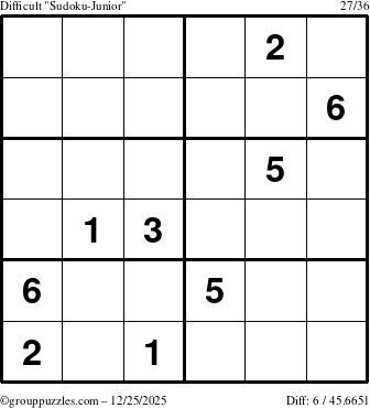 The grouppuzzles.com Difficult Sudoku-Junior puzzle for Thursday December 25, 2025