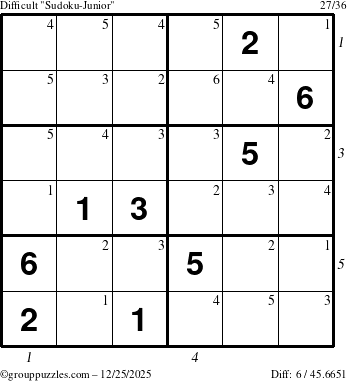 The grouppuzzles.com Difficult Sudoku-Junior puzzle for Thursday December 25, 2025 with all 6 steps marked