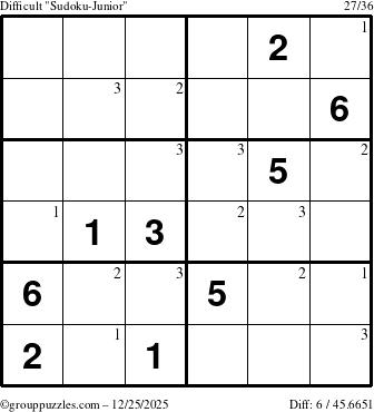 The grouppuzzles.com Difficult Sudoku-Junior puzzle for Thursday December 25, 2025 with the first 3 steps marked