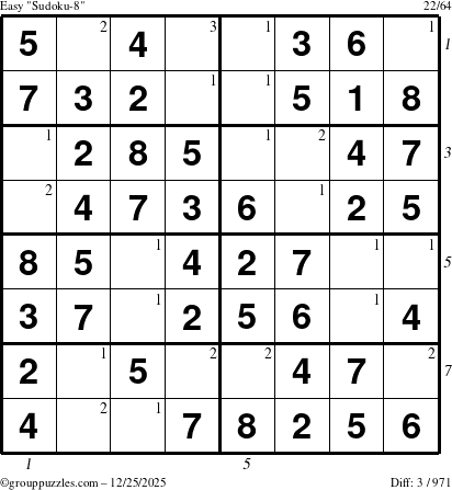 The grouppuzzles.com Easy Sudoku-8 puzzle for Thursday December 25, 2025, suitable for printing, with all 3 steps marked