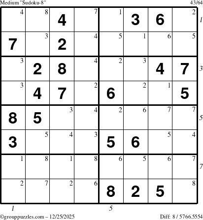 The grouppuzzles.com Medium Sudoku-8 puzzle for Thursday December 25, 2025, suitable for printing, with all 8 steps marked