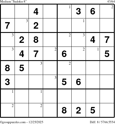 The grouppuzzles.com Medium Sudoku-8 puzzle for Thursday December 25, 2025 with the first 3 steps marked