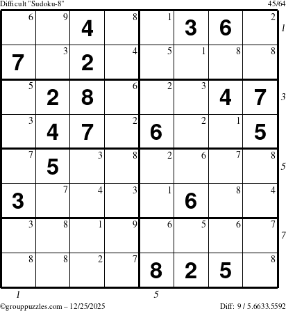 The grouppuzzles.com Difficult Sudoku-8 puzzle for Thursday December 25, 2025 with all 9 steps marked