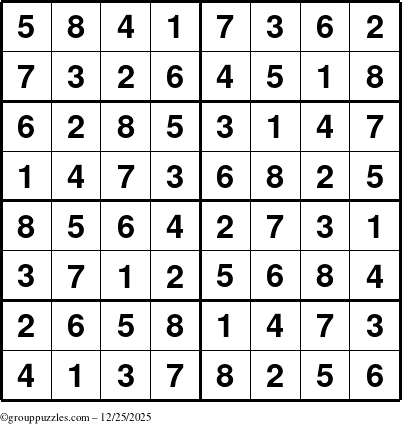 The grouppuzzles.com Answer grid for the Sudoku-8 puzzle for Thursday December 25, 2025