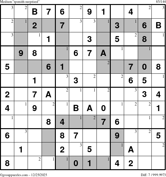 The grouppuzzles.com Medium tpsmith-surprised puzzle for Thursday December 25, 2025 with the first 3 steps marked