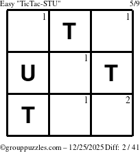 The grouppuzzles.com Easy TicTac-STU puzzle for Thursday December 25, 2025 with the first 2 steps marked