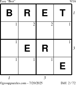 The grouppuzzles.com Easy Bret puzzle for Sunday July 20, 2025 with all 2 steps marked