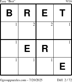 The grouppuzzles.com Easy Bret puzzle for Sunday July 20, 2025 with the first 2 steps marked