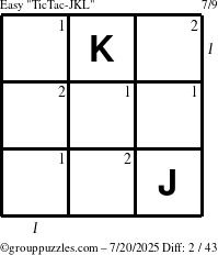 The grouppuzzles.com Easy TicTac-JKL puzzle for Sunday July 20, 2025, suitable for printing, with all 2 steps marked