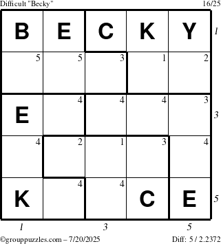 The grouppuzzles.com Difficult Becky puzzle for Sunday July 20, 2025 with all 5 steps marked