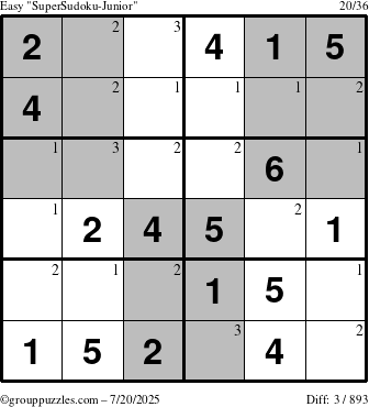 The grouppuzzles.com Easy SuperSudoku-Junior puzzle for Sunday July 20, 2025 with the first 3 steps marked